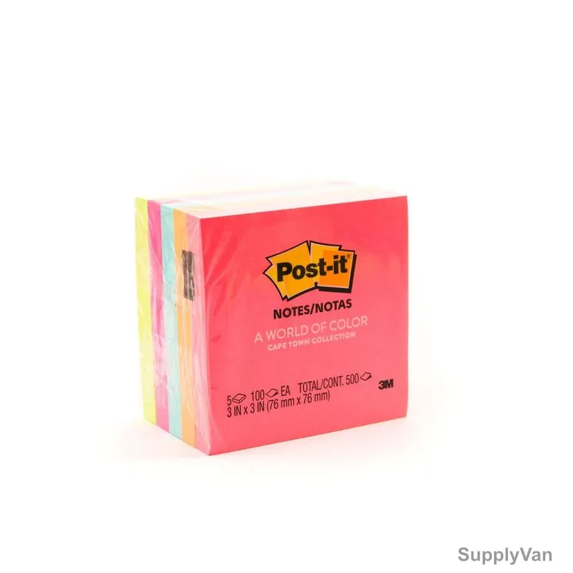 Post-It Sticky Note, 654-5PK, 100 Sheets, 3 Inch Width x 3 Inch Length, Neon Assorted, 5 Pads/Pack