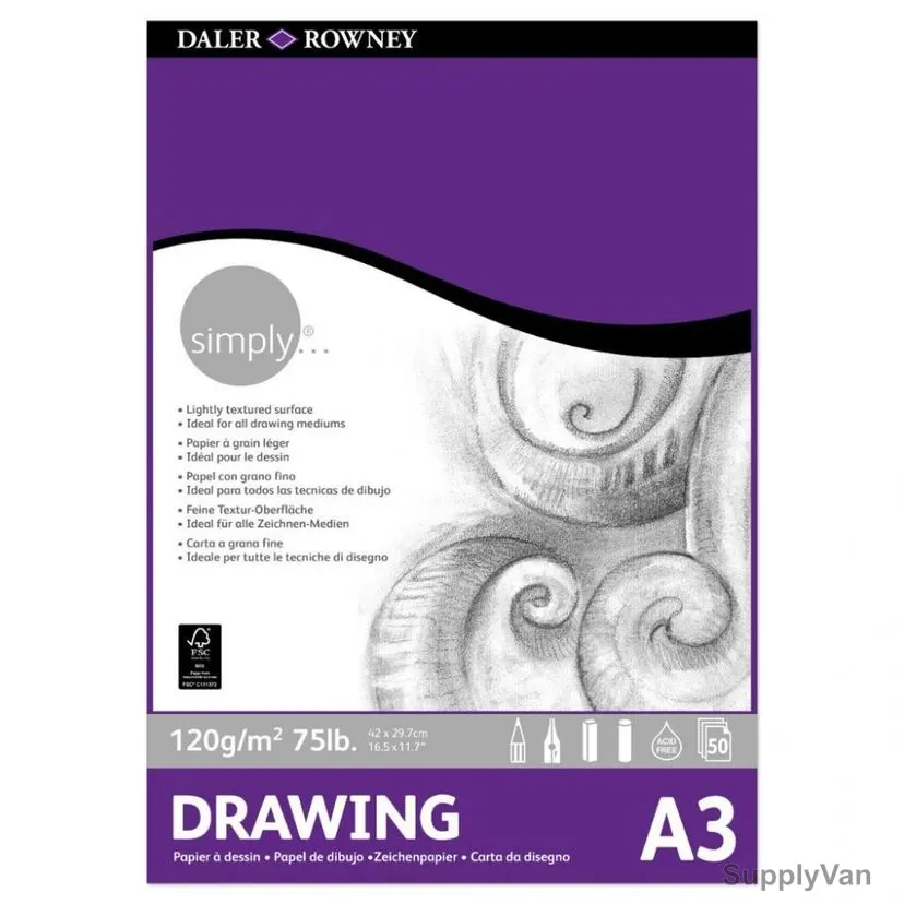Daler Rowney Simply Drawing Paper Pad, 435931300, A3, 120 GSM, 50 Sheets, 297 x 420MM, White