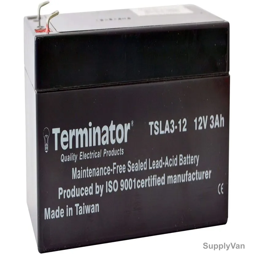 Terminator Rechargeable Sealed Lead Acid Battery, TSLA-3-12, 12V, 3.0Ah