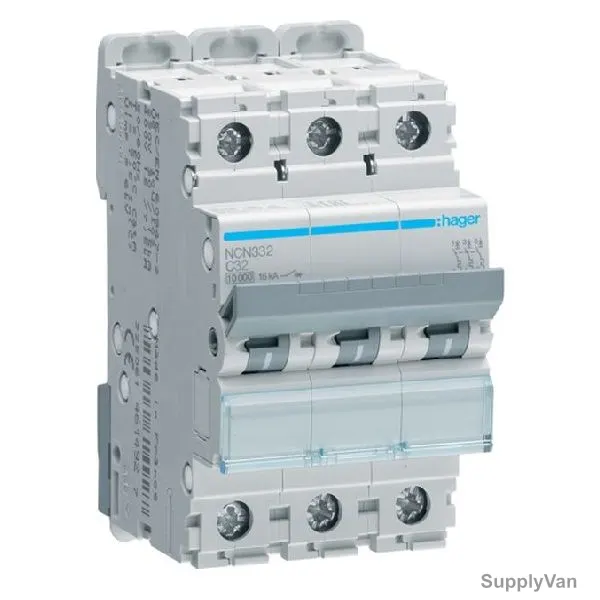 Hager Miniature Circuit Breaker, NCN332N, C Curve, 3P, 32A, 440V