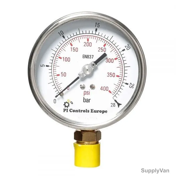 PI Controls Pressure Gauge, PG-100-R28-WF-BR, 100MM, 1/2 Inch, MNPT, 0-28 Bar