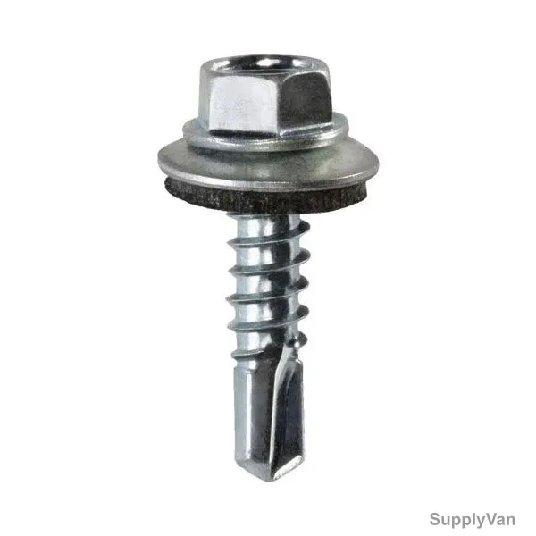 Self Drilling Screw With Bonded Washer, Zinc Plated, Slotted Hex Head, M4.8 Thread Dia x 25MM Length, 1000 Pcs/Pack