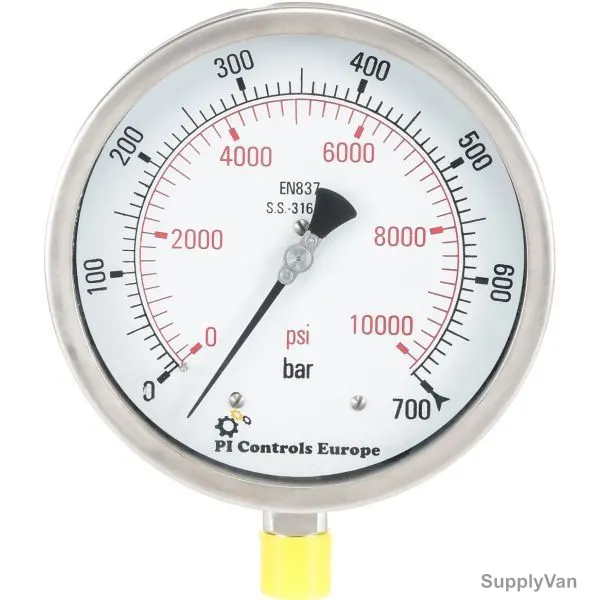 PI Controls Pressure Gauge, PG-150-R700-WF-SS, 150MM, 0-700 Bar