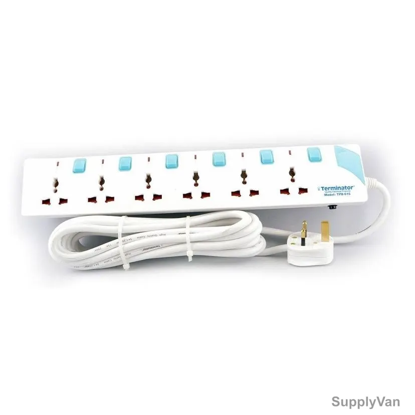 Terminator Power Extension Socket, TPB-616-3M, 6 Way, 13A, 3 Mtrs Cable Length, White