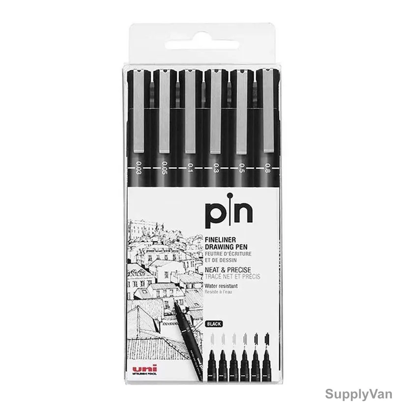 Uni-Ball Fine Line Marker, PIN200-06CBK, Uni-Pin, 0.03-0.8MM Tip, Black, 6 Pcs/Pack