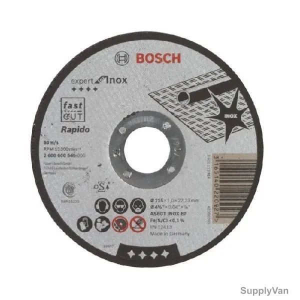 Bosch Straight Rapido Inox Cutting Disc, 2608600545, 1MM Thk, 22.23MM Bore Dia x 115MM Dia