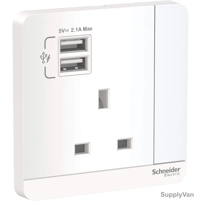 Schneider Electric Switched Socket With 2 USB Port, E8315USB-WE-G12, AvatarOn, 3P, 13A, 220V, White