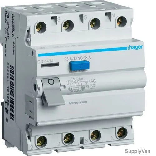Hager Residual Current Circuit Breaker, CD441J, 4P, 30mA, 40A