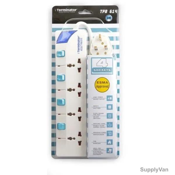Terminator 4 Way Universal Power Socket Outlet, TPB 614, 250V, 3Mtrs, White