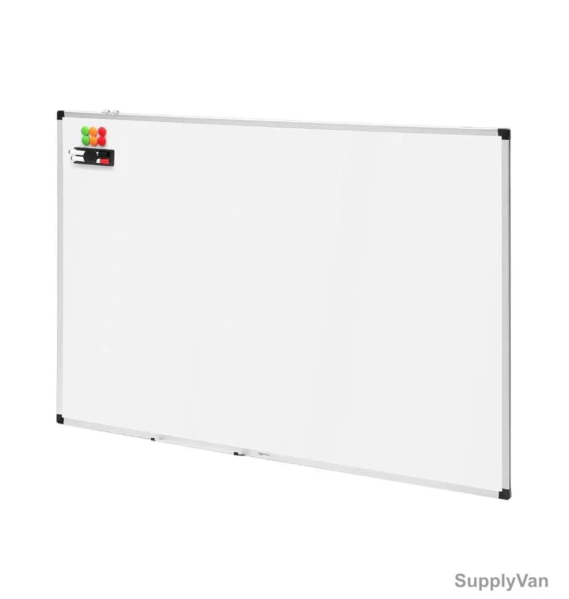 Drywipe Magnetic Whiteboard With Pen Tray and Aluminium Trim, 100CM Width x 150CM Length, White