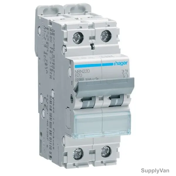 Hager Miniature Circuit Breaker, NBN220N, B Curve, 2P, 20A, 400V