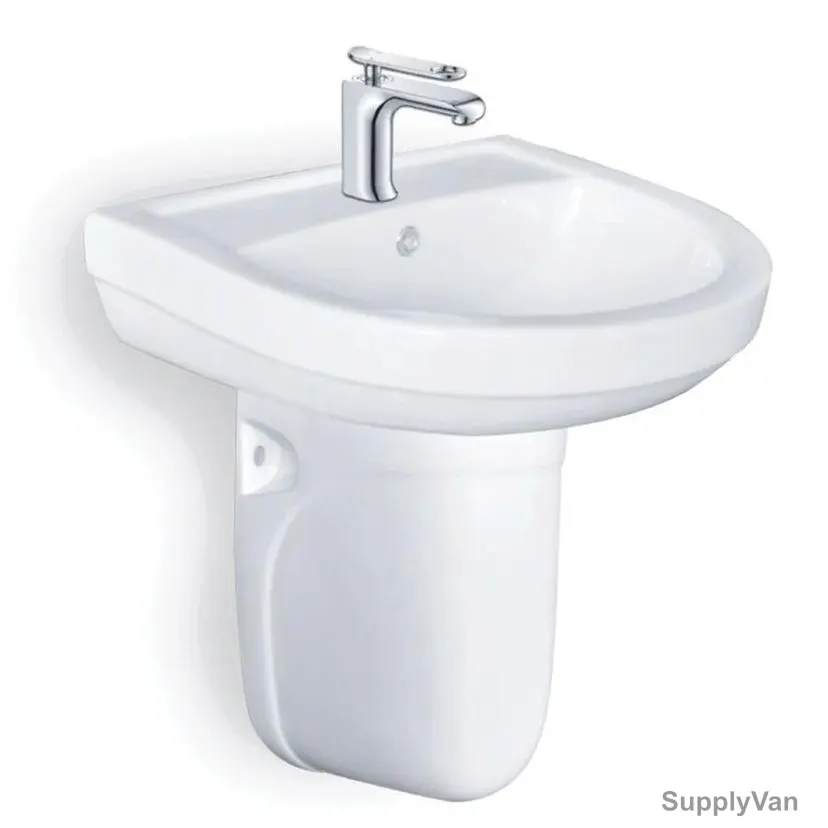 Milano Wall Mounted Wash Basin With Semi Pedestal, ON-0013, Ceramic, 48CM Width x 56CM Length, White 2 Pcs/Set