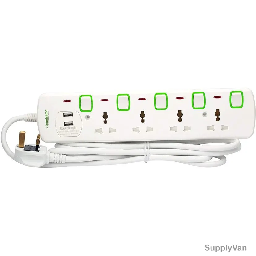 Terminator Extension Socket With USB Port, TPB-854U, 4 Way, 3 Mtrs, White — image 1