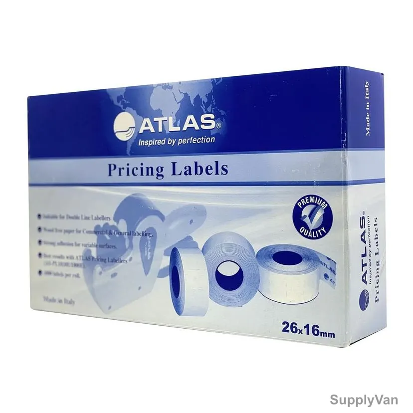 Atlas Double Line Pricing Label, 36000 Labels, 16MM Width x 26MM Length, 36 Roll/Box — image 1