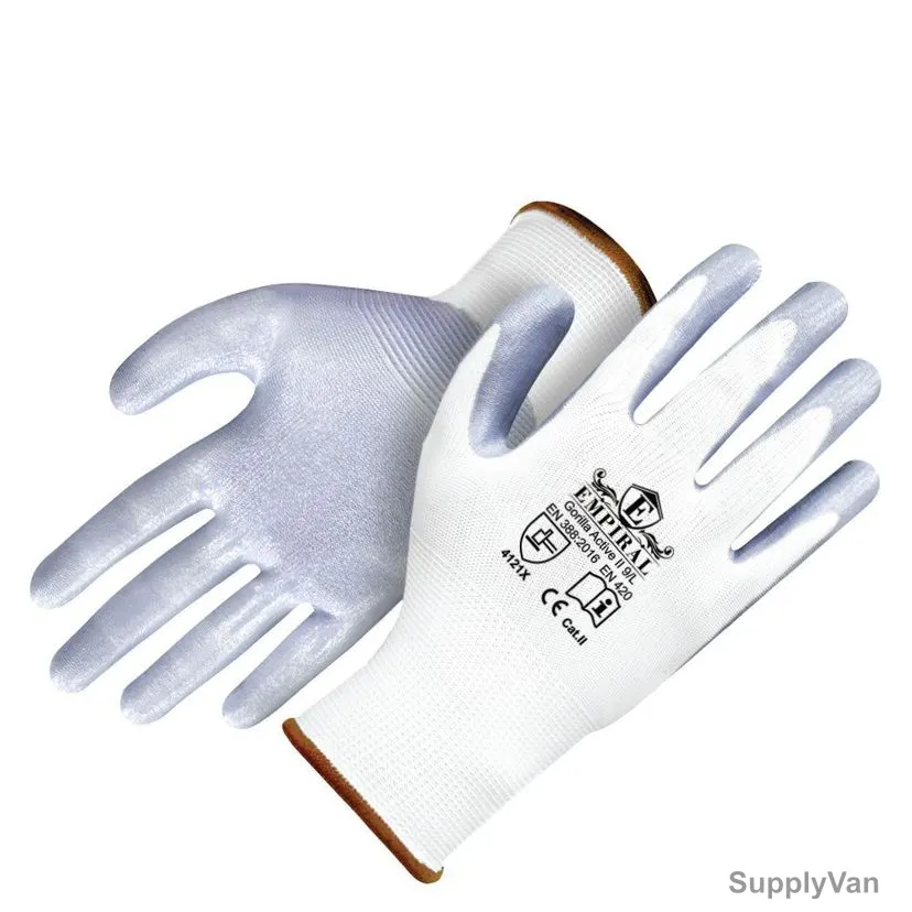 Empiral Nitrile Palm Coated Gloves, Gorilla Active II, 100% Polyester, L, White/Grey