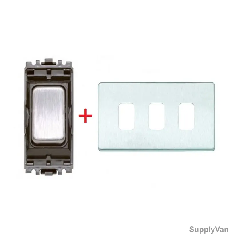 Mk Single Pole Grid Switch With 3 Module Frontplate, K4891BSSB+K24333BSS, 1 Gang, 1 Way, 20A, Brushed Stainless Steel, 2 Pcs/Set