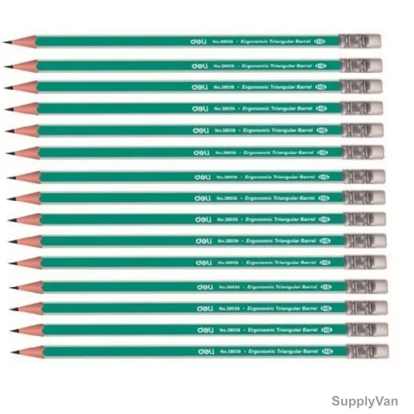 Deli Wooden HB Pencil With Eraser, E38039, Green/Silver, PK12