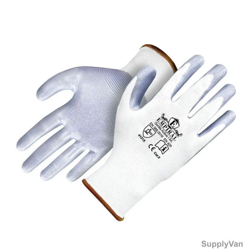 Empiral Nitrile Palm Coated Gloves, Gorilla Active I, 100% Polyester, M, White/Grey