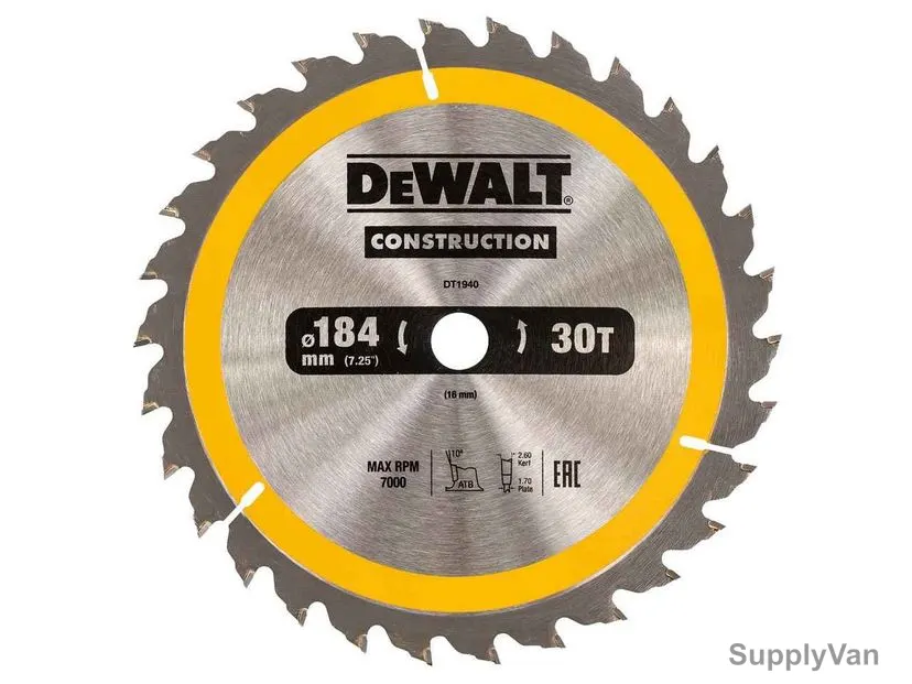 Dewalt Circular Saw Blade, DT1940-QZ, 30 Series, 184 x16MM, 30 Teeth, Silver