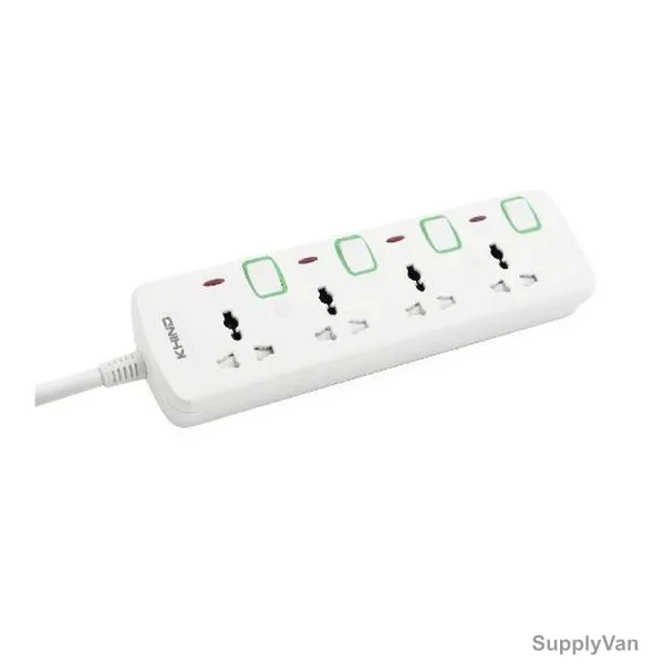 Khind Universal Extension Socket With Neon, ES8143M5M, 4 Way, 13A, 5 Mtrs Cable Length, White/Green