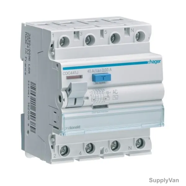Hager Residual Current Circuit Breaker, CDC441J, 4P, 30 mA, 40A