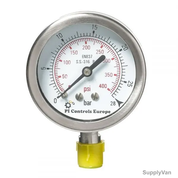 PI Controls Pressure Gauge, PG-63-R28-WF-SS, 63MM, 0-28 Bar