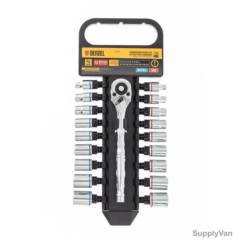 Denzel Combination Hex Socket Set, 7713569, 3/8 Inch Drive, 19 Pcs/Set