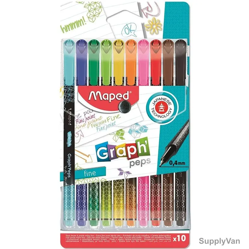 Maped Fineliner Pen, MD-749050, GraphPeps Deco, 0.4MM Tip, Assorted Colors, 10 Pcs/Set