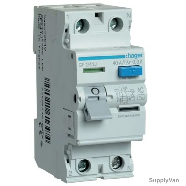 Hager Residual Current Circuit Breaker, CF241J, Type AC, 2P, 300mA, 40A
