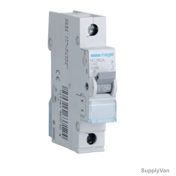 Hager Miniature Circuit Breaker, NC140A, 1P, Curve C, 10 kA, 45.6A