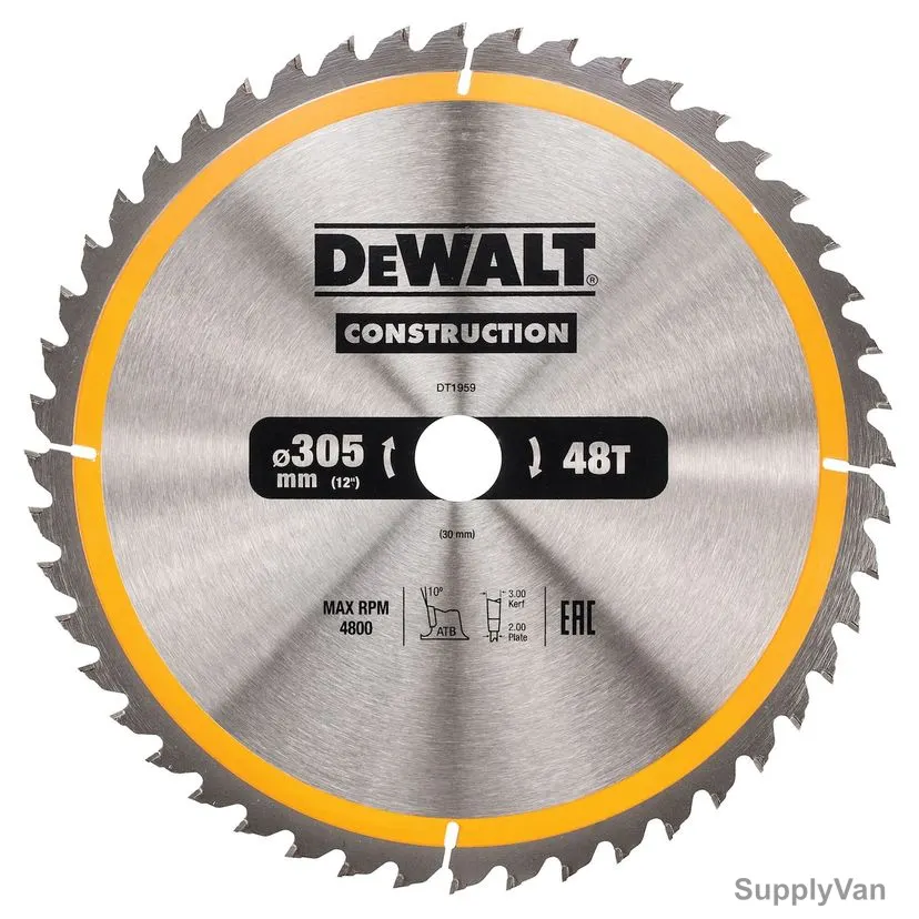 Dewalt Stationary Construction Circular Saw Blade, DT1959-QZ, 30MM Bore Size x 305MM Blade Dia, 48 Teeth