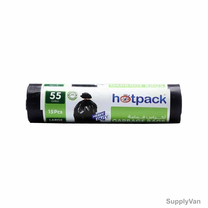 Hotpack Heavy Duty Garbage Bag Roll, HSMGBR80110, 55 Gallon, 80CM Width x 110CM Length, Black, 15 Bags/Roll