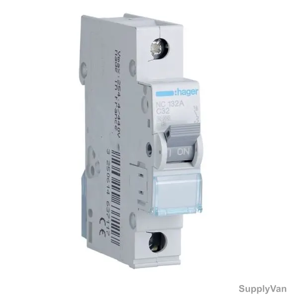 Hager Miniature Circuit Breaker, NC132A, 1P, Curve C, 10 kA, 37.5A