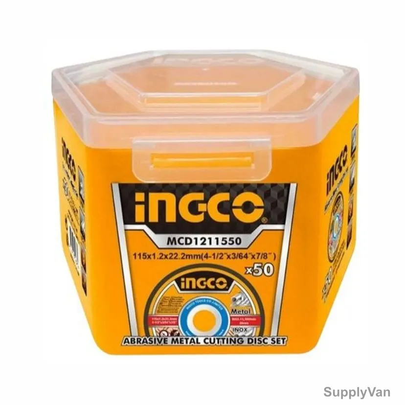 Ingco Abrasive Metal Cutting Disc, MCD1211550, 1.2MM Thk, 22.2MM Bore Dia x 115MM Disc Dia, 50 Pcs/Pack