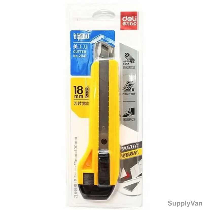 Deli Snap-Off Cutter Knife, 2041, SK5 Carbon Steel/ABS, 0.5MM Thk, 18MM Width x 100MM Length, Yellow — image 1
