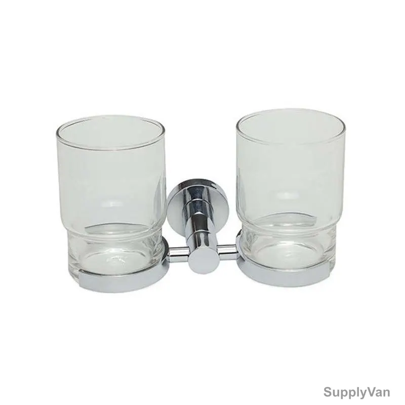 Bold Symphony Wall Mounted Double Tumbler Holder, Brass/Glass, Clear/Silver — image 1