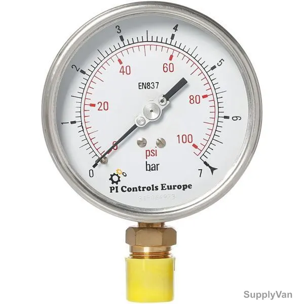 PI Controls Pressure Gauge, PG-100-R7-WF-BR, 100MM, 1/2 Inch, MNPT, 0-7 Bar