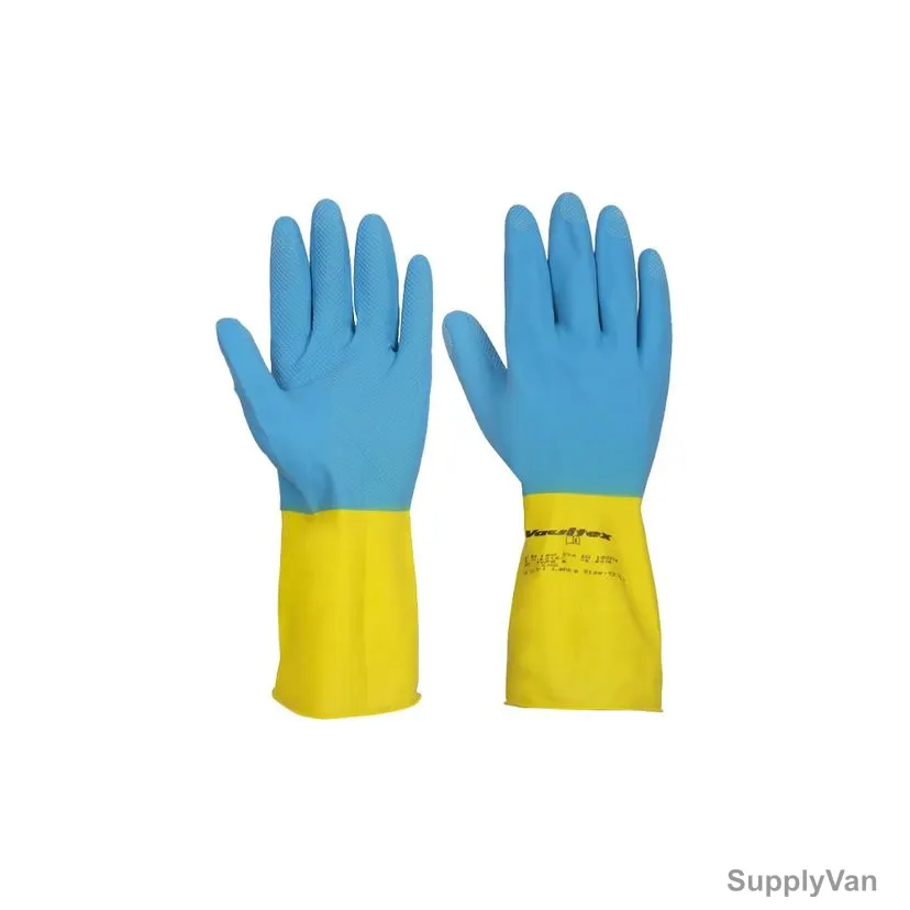 Vaultex Latex Flocklined Chemical Gloves, NEP, Rubber, L, 33CM Length, Blue/Yellow