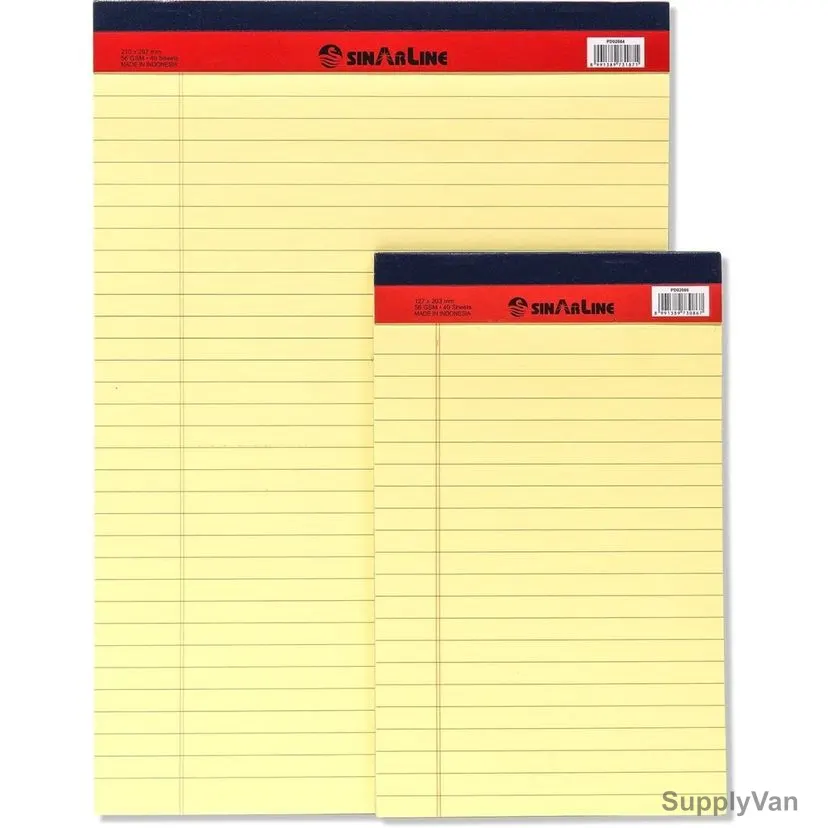 Sinarline Legal Pad, PD02084, A4, 56 Gsm, 40 Sheets, Yellow, 6 Pcs/Pack