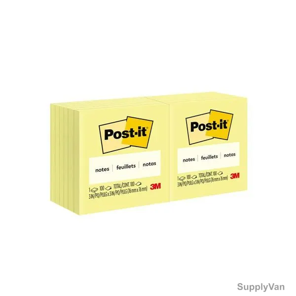 Post-It Sticky Note, 654, 100 Sheets, 3 Inch Width x 3 Inch Length, Canary Yellow, 12 Pcs/Pack