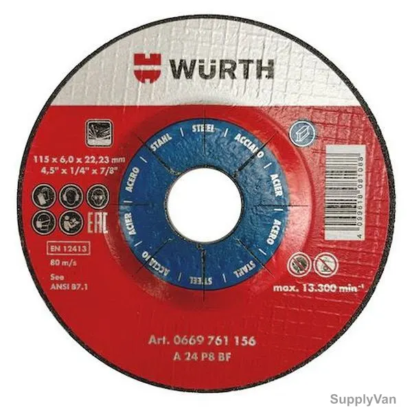 Wurth Grinding Disc For Steel, 0669761156, 6MM Thk, 22.23MM Bore Dia x 115MM Disc Dia
