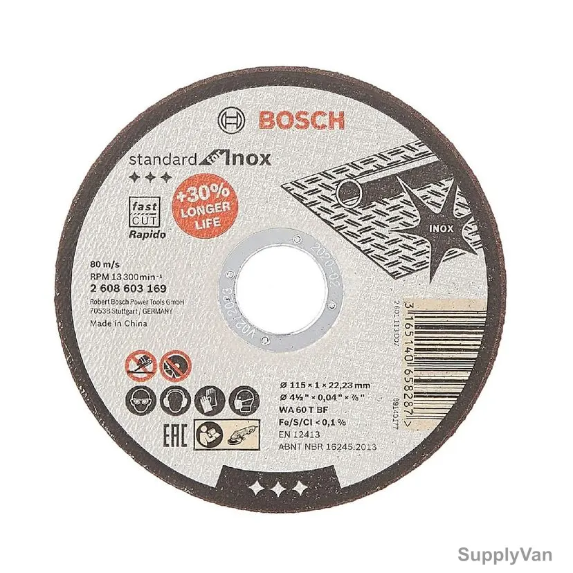 Bosch Straight Rapido Inox Cutting Disc, 2608603169, 1MM Thk, 22.23MM Bore Dia x 115MM Dia
