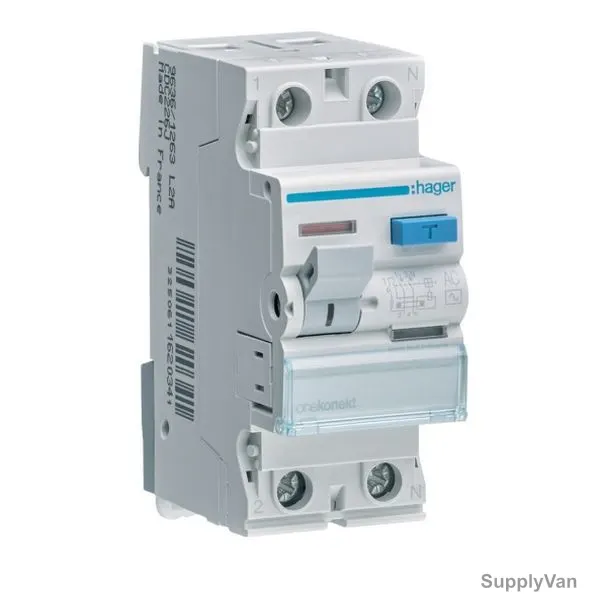 Hager Residual Current Circuit Breaker, CEC241J, 2P, 100 mA, 40A