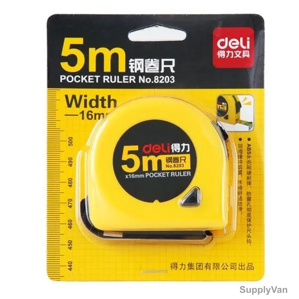 Deli Measuring Tape, 8203, 16MM Width x 5 Mtrs Length, Yellow — image 1