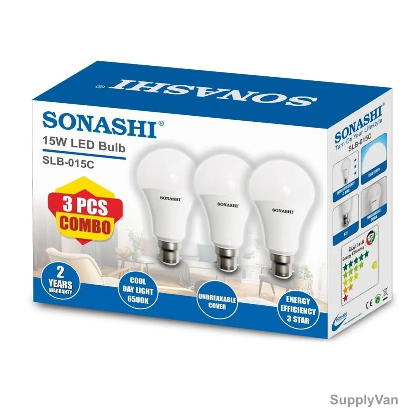 Sonashi LED Bulb, SLB-015C, 15W, B22, 1200 LM, 6500K, Cool Daylight, 3 Pcs/Pack